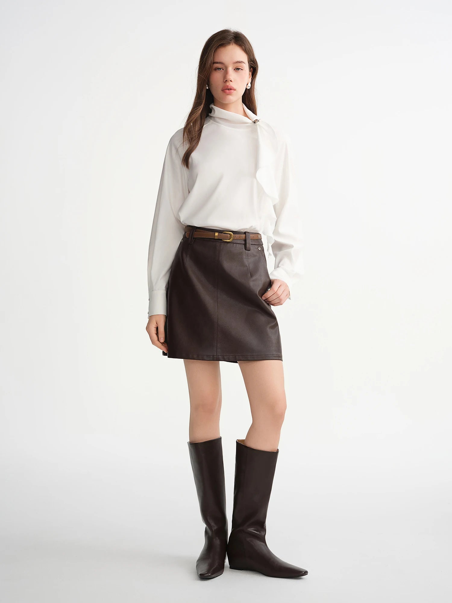 DUSHU Asymmetrical Skew Collar Shirts Women White Elegant Ladies Casual Temperament Slim Blouses Korean Style Winter Draped Tops
