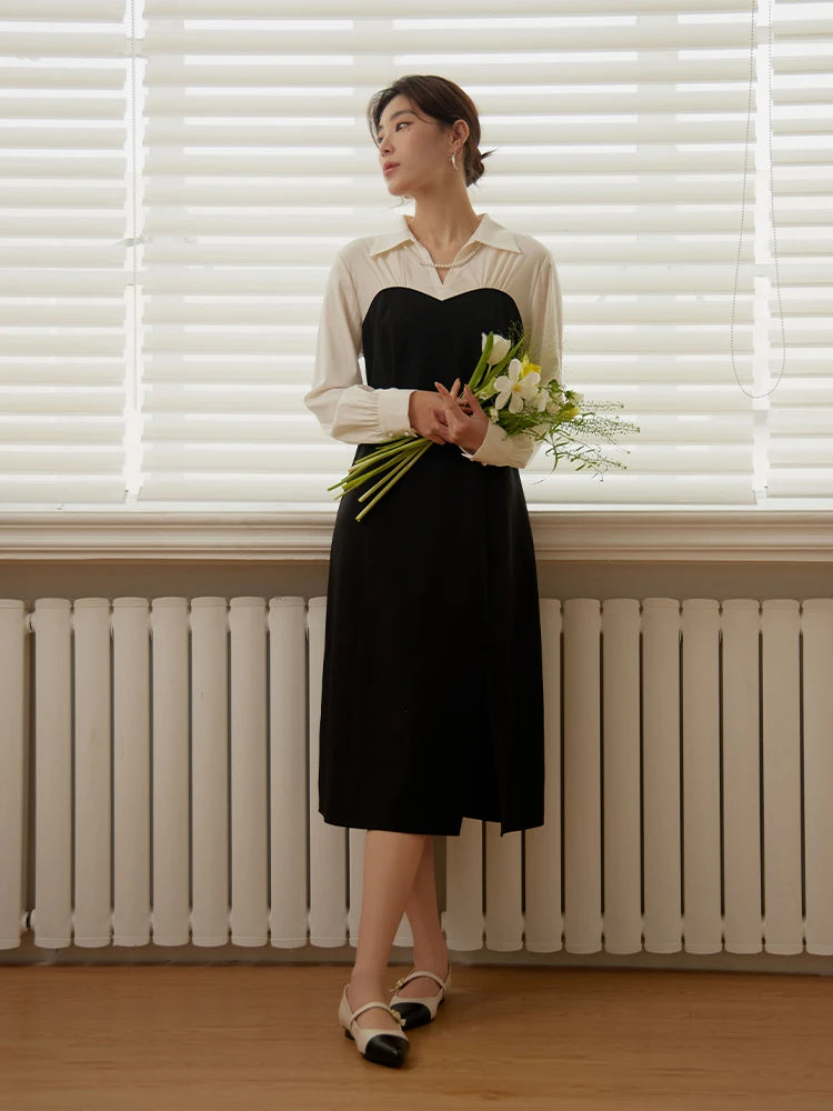 DUSHU Large Size Tulip Skirt Double Version Dress for Women Black and White Splicing Slim Spring New Style Commuter Dress Female