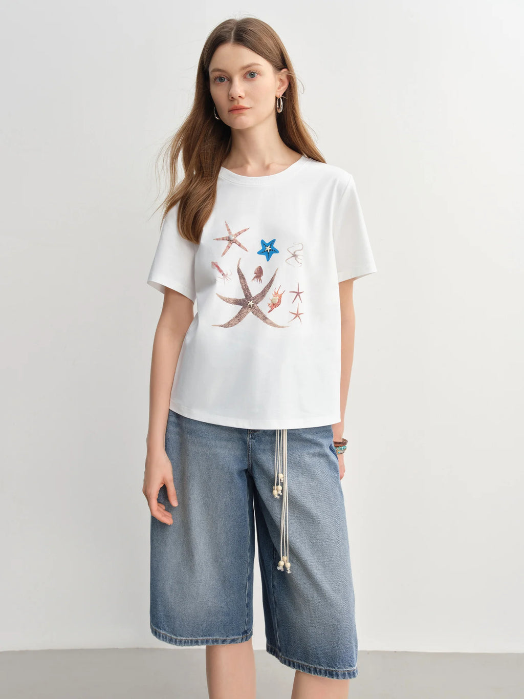 DUSHU Women Marine Element Printed Shell Decorated T-shirt 2025 New Arrival Fashion Versatile Slim Casual Top 25DS82912