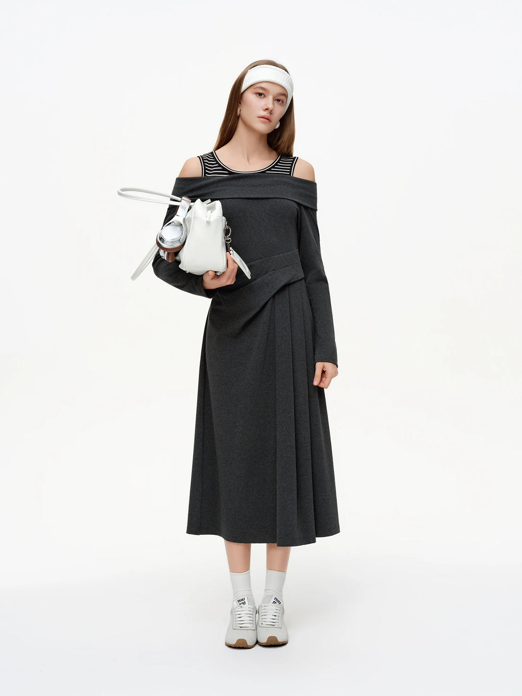 DUSHU Striped Patchwork Off-shoulder Dresses Women 2026 Spring Collection A-line Midi-length Sundress Daily Cozy Elegant BF