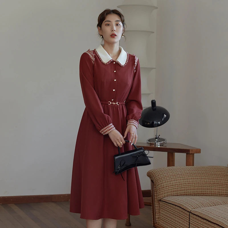 DUSHU Women's Winter Retro Red Stitching Dress Long Polo Neck Belt A-line Skirt Women Bow Neckline Design Thick Bottoming Dress