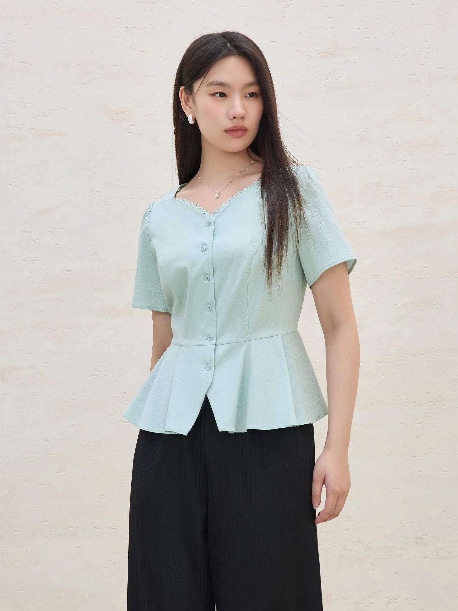DUSHU 2025 Summer Women's Scalloped Collar A-Line Blouse - Flattering Waist & Versatile Office to Casual Styling 25DS82234