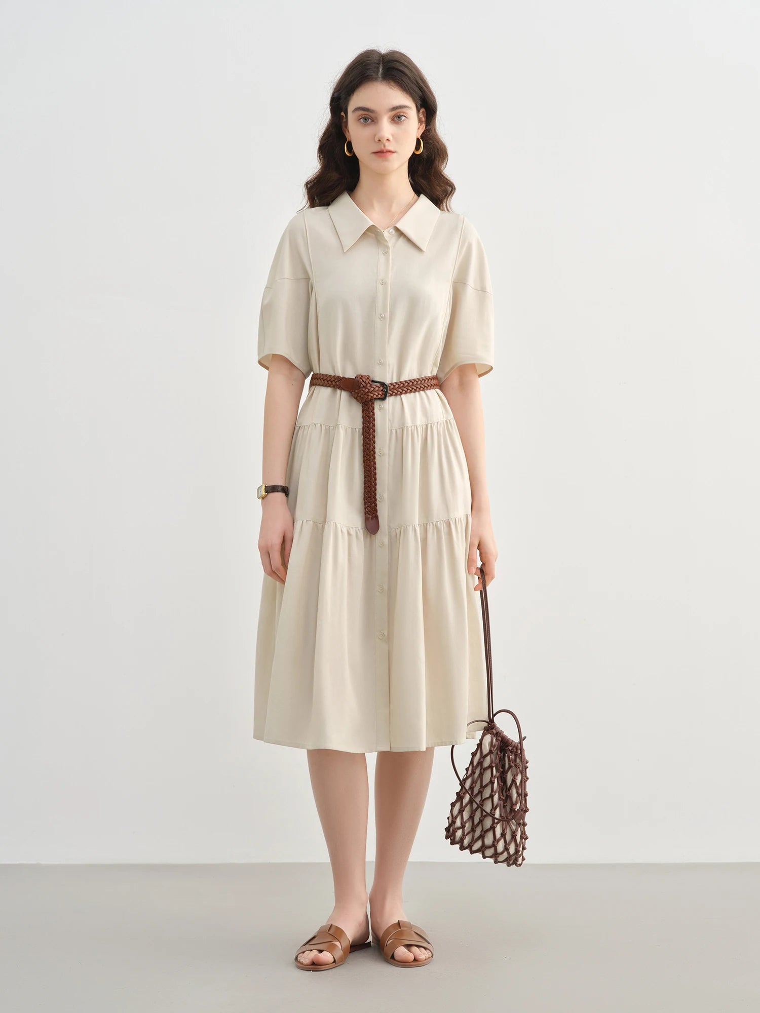DUSHU Plus Size Casual Commuting Lapel Shirt Dress 2025 Summer New Arrival HIgh Waist Slimming Fashion A-line Dress 25DS82616
