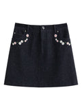 DUSHU Women Floral Embroidered Colorful Dot Denim Skirt Spring 2026 New Arrival Slimming High-Waisted A-Line Thigh Length Skirt