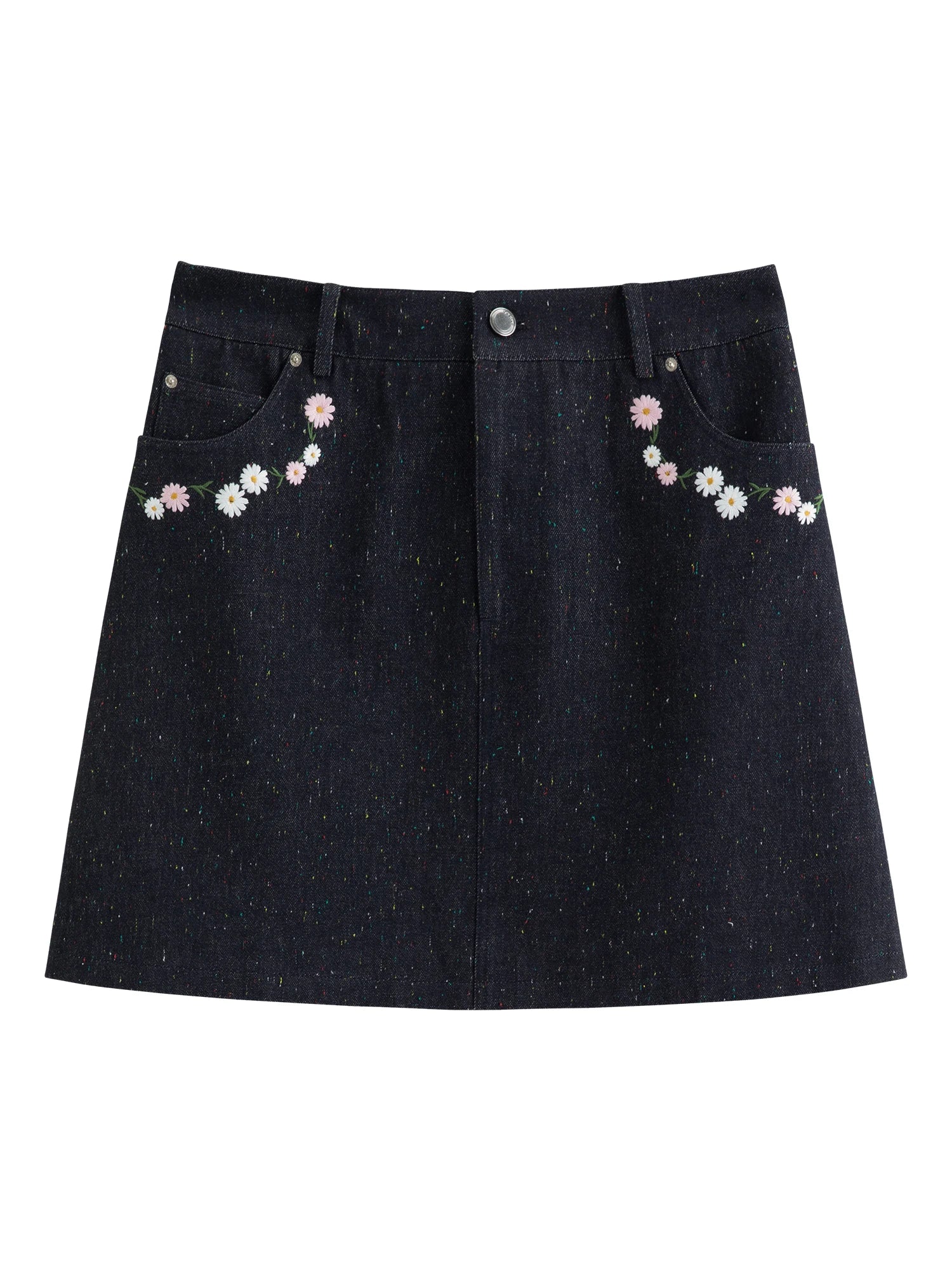 DUSHU Women Floral Embroidered Colorful Dot Denim Skirt Spring 2026 New Arrival Slimming High-Waisted A-Line Thigh Length Skirt