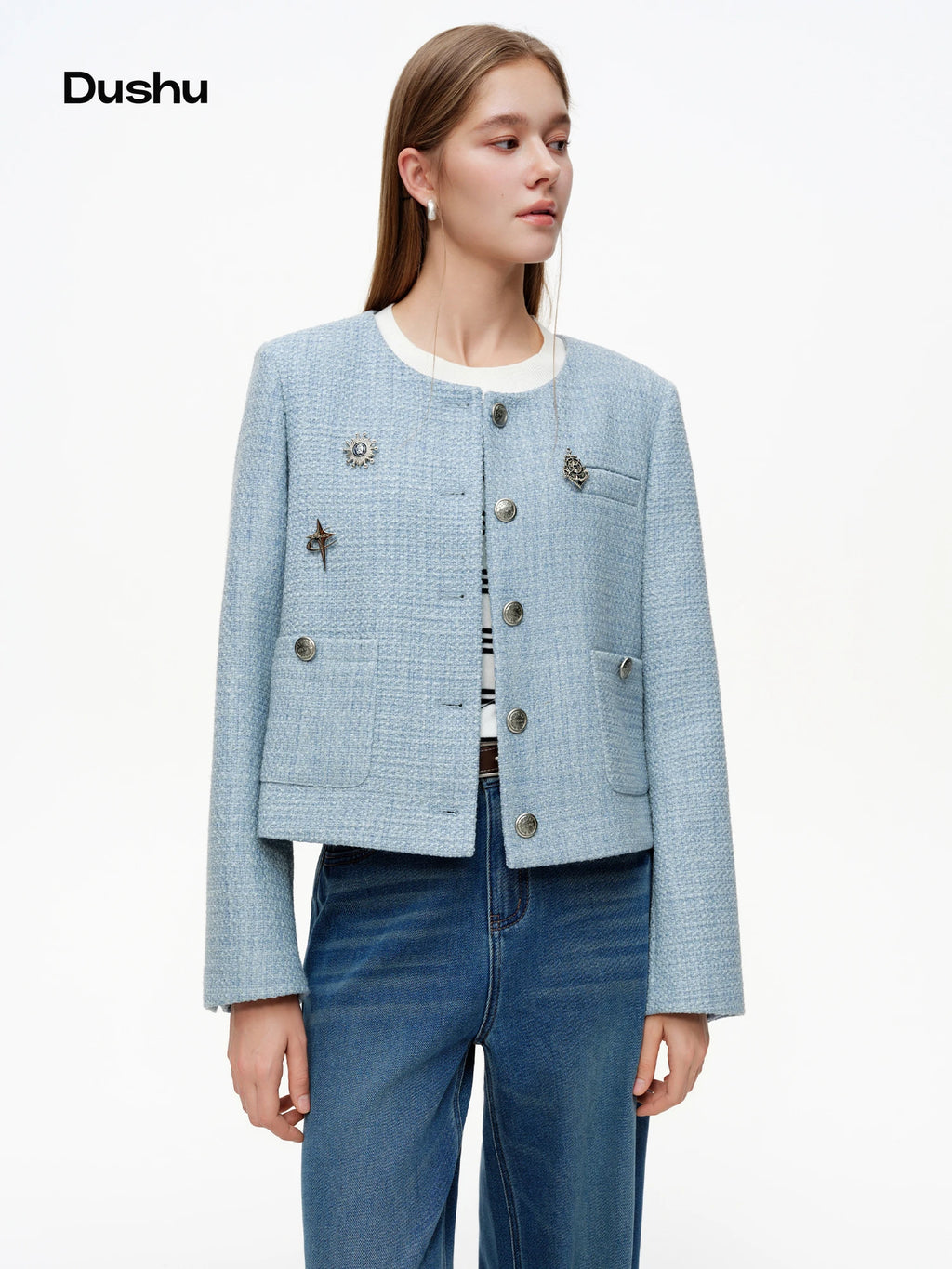 DUSHU 【Morning Mist Blues】Pin-Decorated Round Collar Jacket 2026 Spring New Arrival Early Spring Long Sleeved Coat Commute Style
