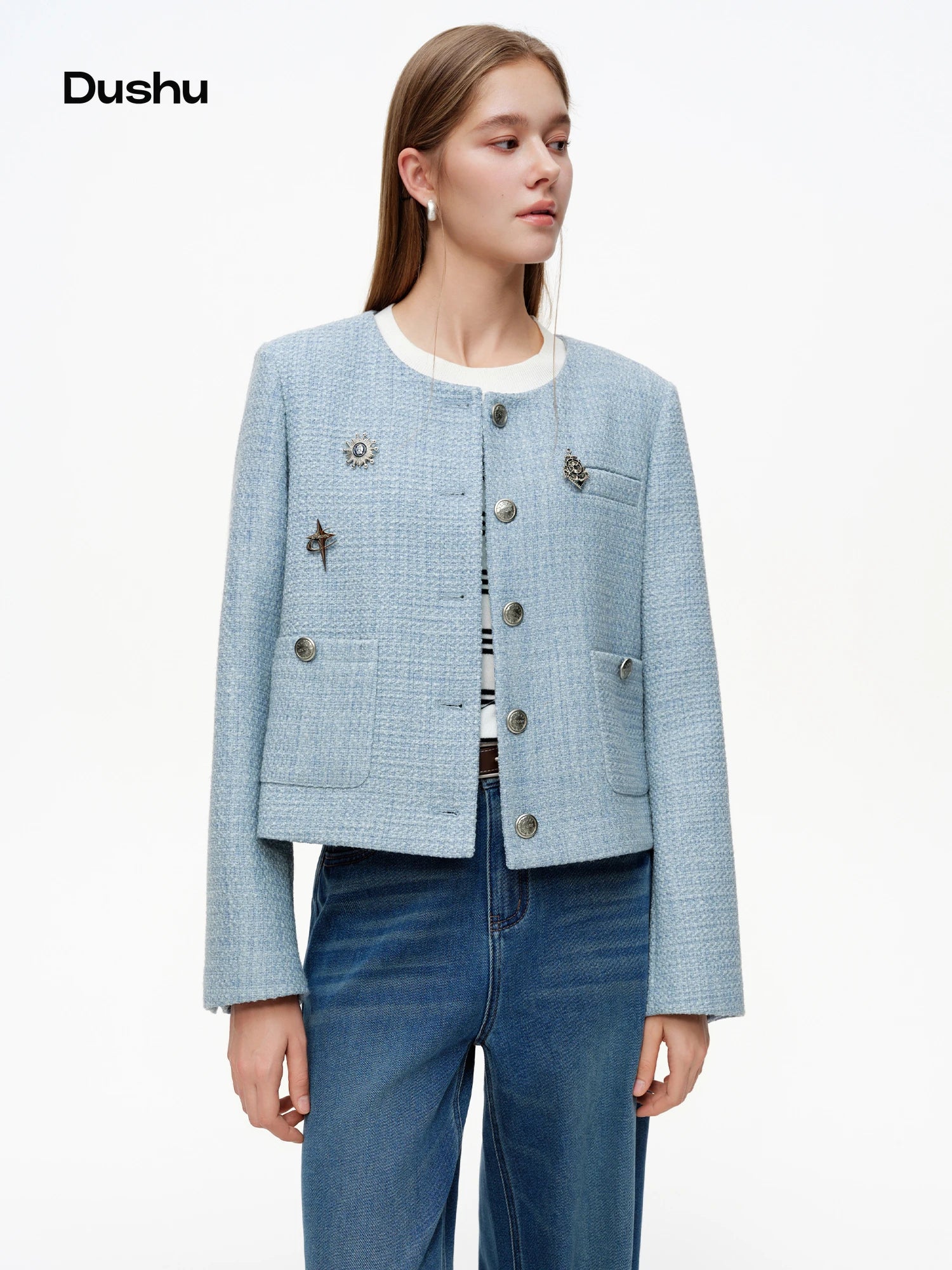 DUSHU 【Morning Mist Blues】Pin-Decorated Round Collar Jacket 2026 Spring New Arrival Early Spring Long Sleeved Coat Commute Style