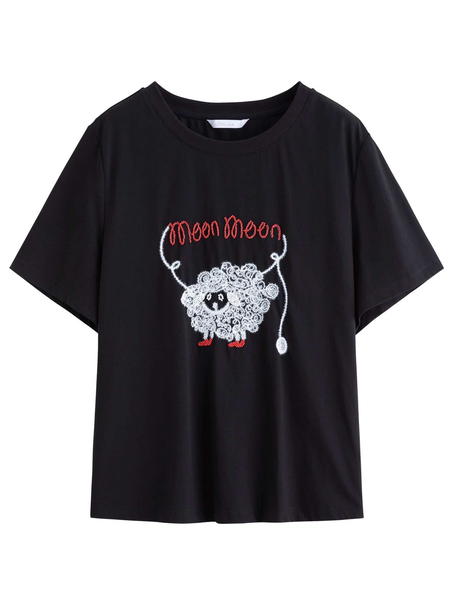 DUSHU Letter Embroidered Lamb Round Neck Short-sleeved T-shirt 2025 Summer Fashion All-match Slim Top 25DS82835