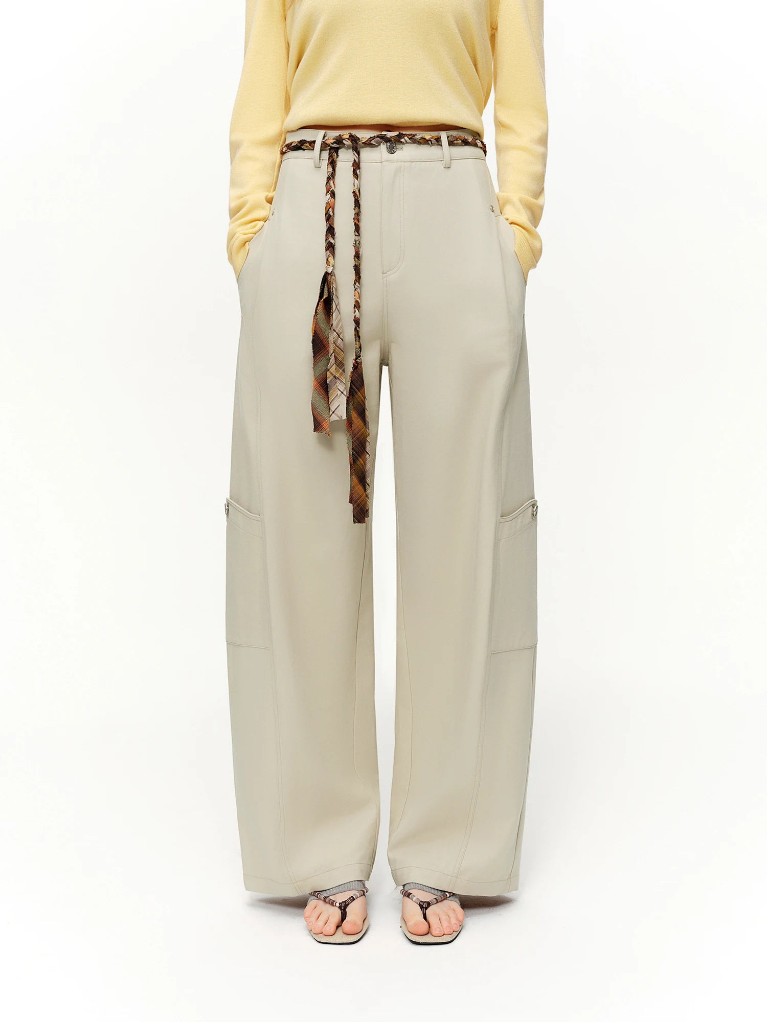DUSHU Linen Retro Jacquard Casual Workwear Wide-leg Pants Women Drawstring 2026 Spring New Arrivals Fashionable Commuter Pants