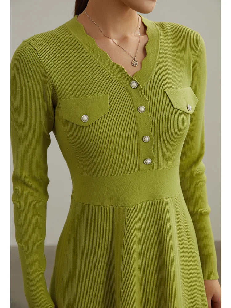 DUSHU Elegant Temperament Knitted Dress Women Autumn Winter 2022 New Base Skirt Office Lady V-neck Bottoming Long Dress Female