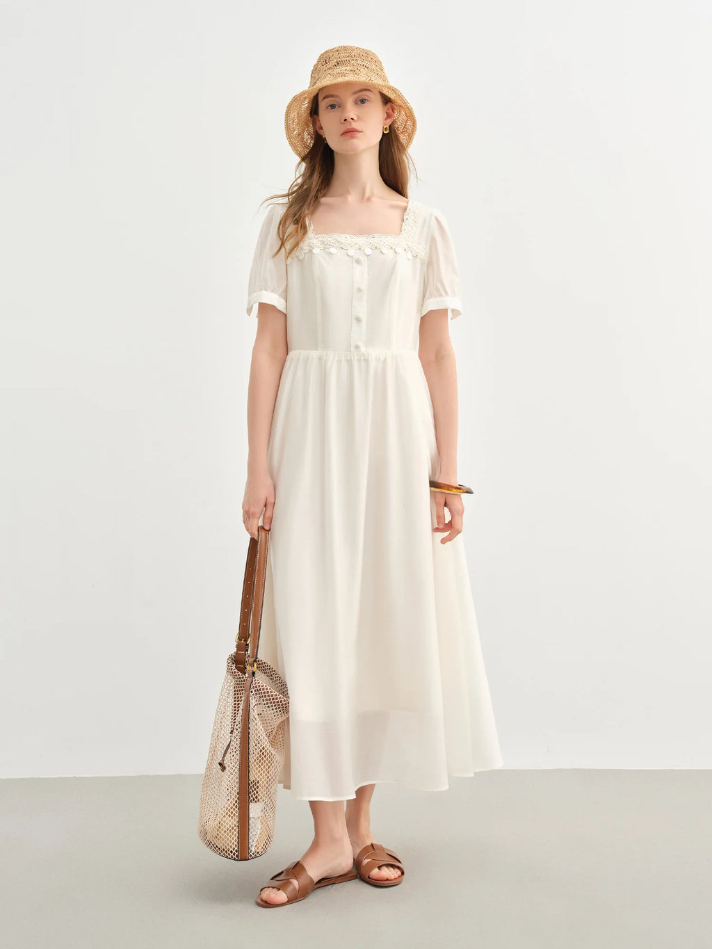 DUSHU Holiday Wave Playful Skirt Summer Travel Midi-length Dresses Lace Ribbon Square Neck Dress 25DS82742