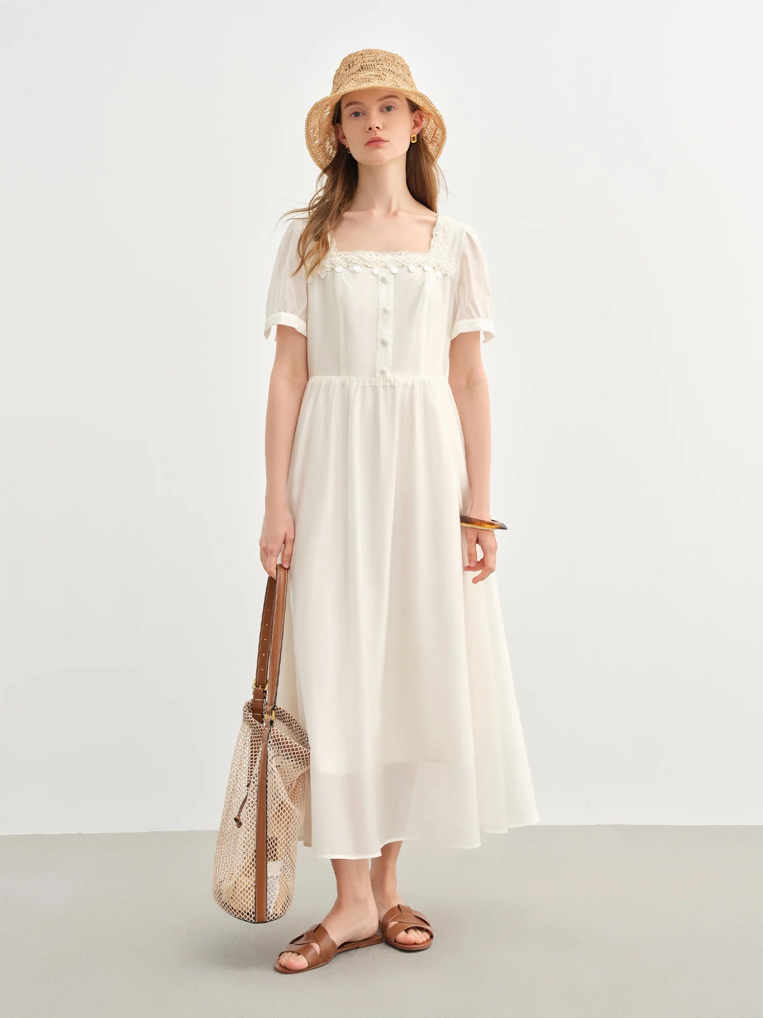 DUSHU Holiday Wave Playful Skirt Summer Travel Midi-length Dresses Lace Ribbon Square Neck Dress 25DS82742