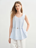 DUSHU Women's Holiday Wave Beaded Sleeveless Blue Shirt Pure Cotton Breathable Shirt Temperament Women's Top 25DS82727