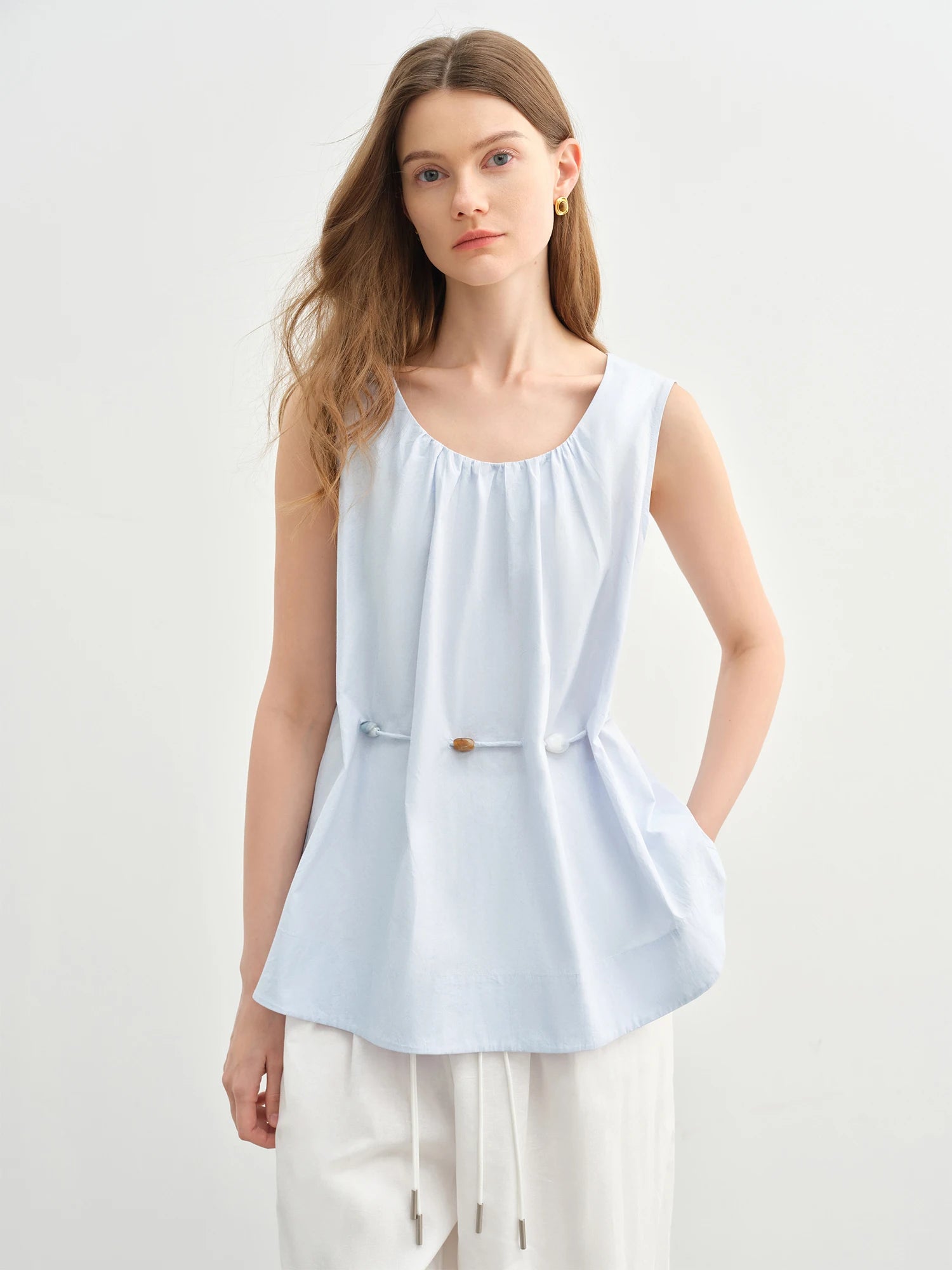 DUSHU Women's Holiday Wave Beaded Sleeveless Blue Shirt Pure Cotton Breathable Shirt Temperament Women's Top 25DS82727