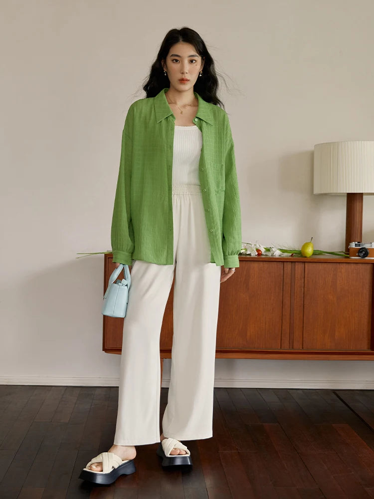 DUSHU Casual All-match Elastic Waist Coolness Pants for Women New Summer Wear Basic Straight Mopping Solid Color Pant Female