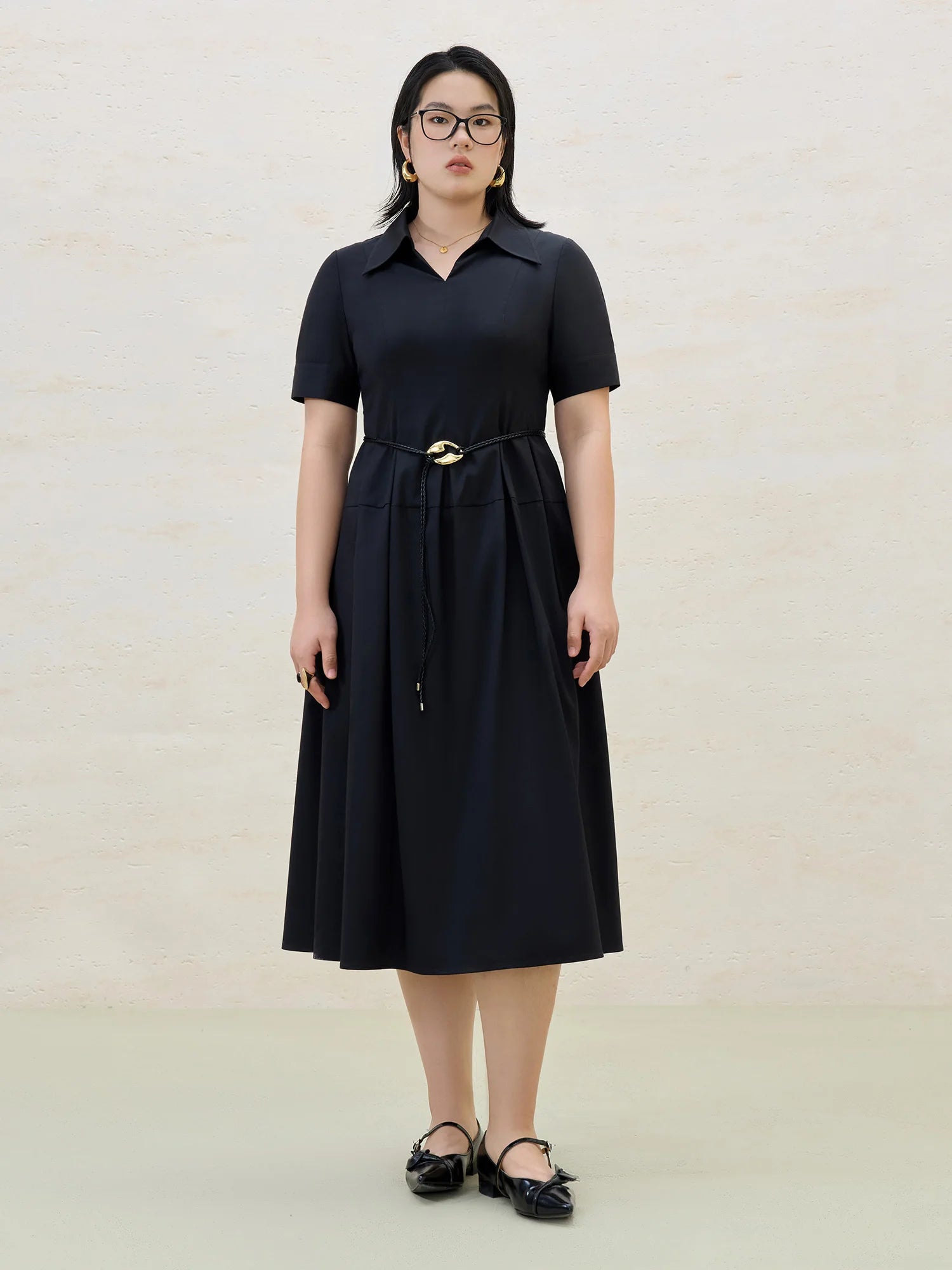 DUSHU Plus Size Relaxed Office Dress 2025 Summer Wrinkle-Free Slimming Waist Modern Elegance Workwear Casual Midi Length Dress