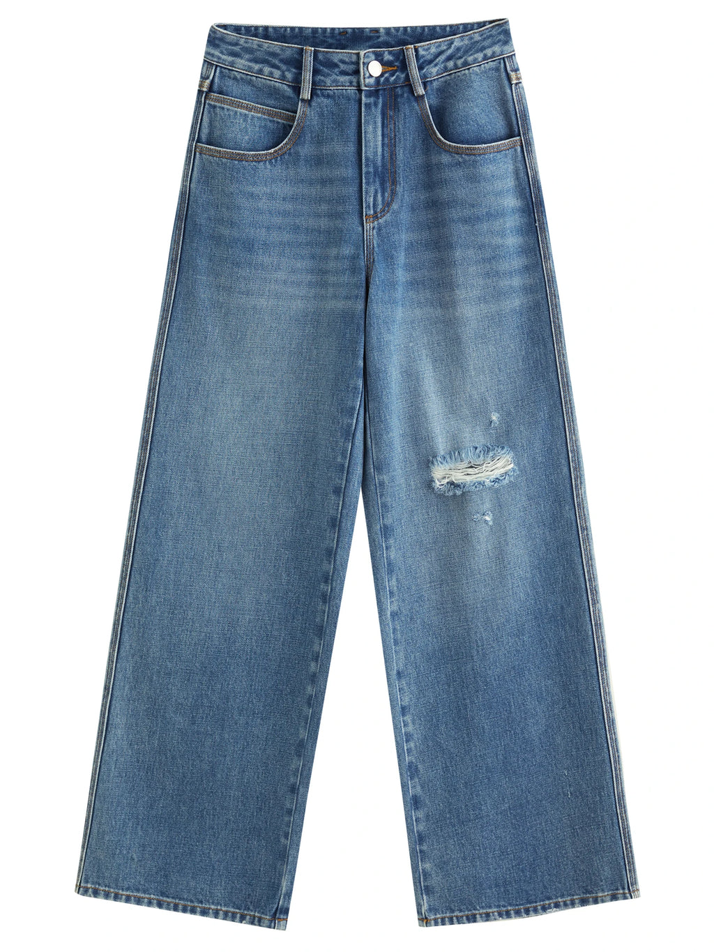 DUSHU 2025 Summer Women's Ripped Jeans - Straight Leg Non-Stretch Casual Pants High Waist Versatile Long Trousers