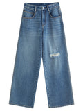 DUSHU 2025 Summer Women's Ripped Jeans - Straight Leg Non-Stretch Casual Pants High Waist Versatile Long Trousers