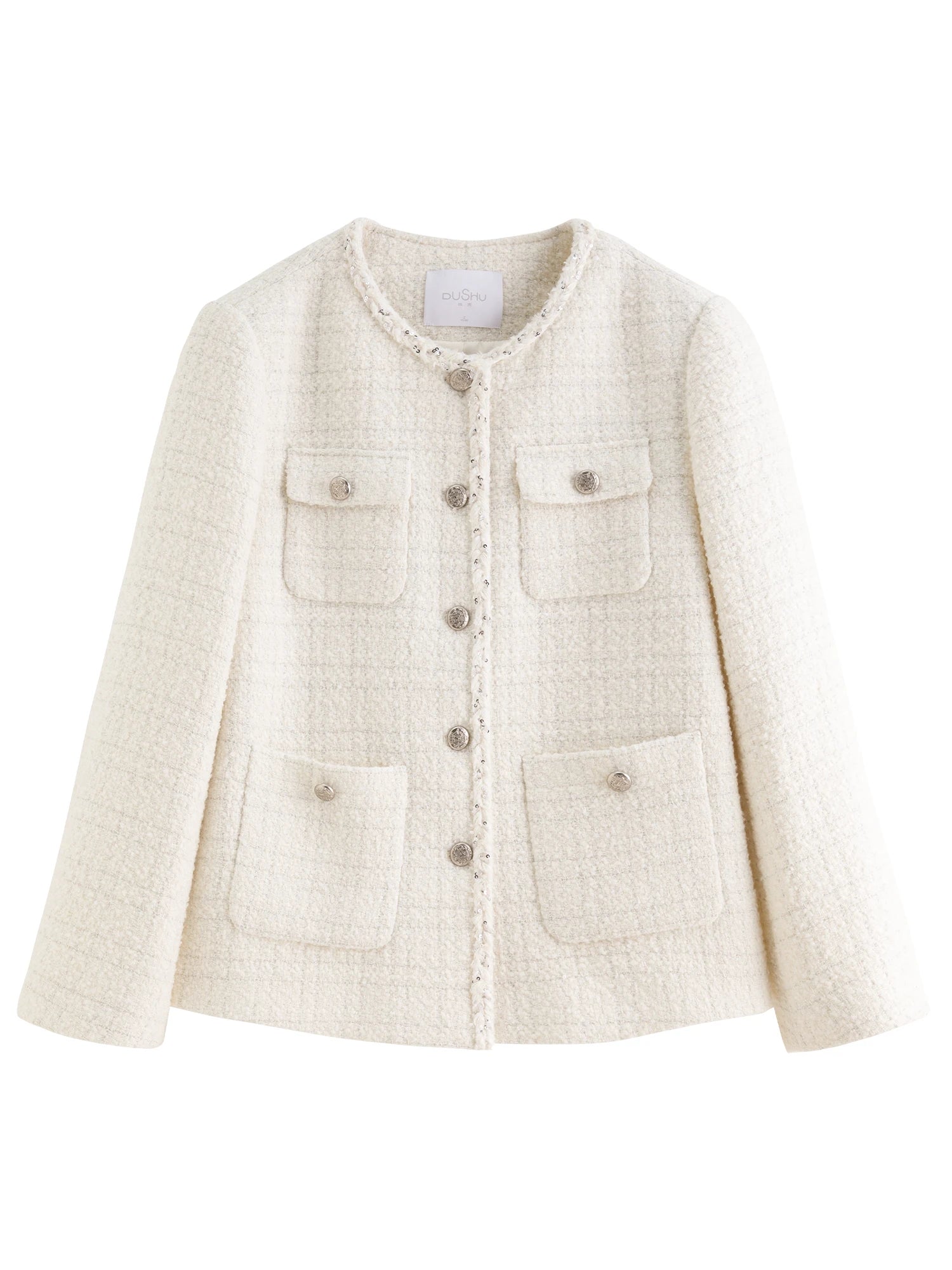 DUSHU Autumn Winter 2025 Women's Embellished Tweed Jacket - Heavy Craft Lace Trim & Braided Detail Casual Elegance Outerwear
