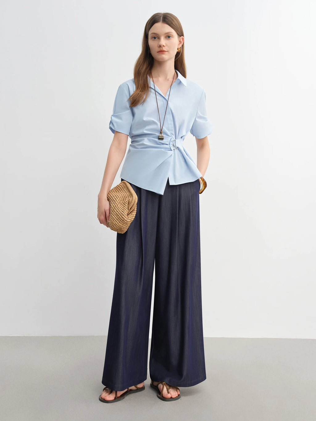 DUSHU 2025 Summer Women's Curve-Sculpting Wrap-Styled Blouse - Adjustable Metallic Ring & Breathable Linen for Office Chic