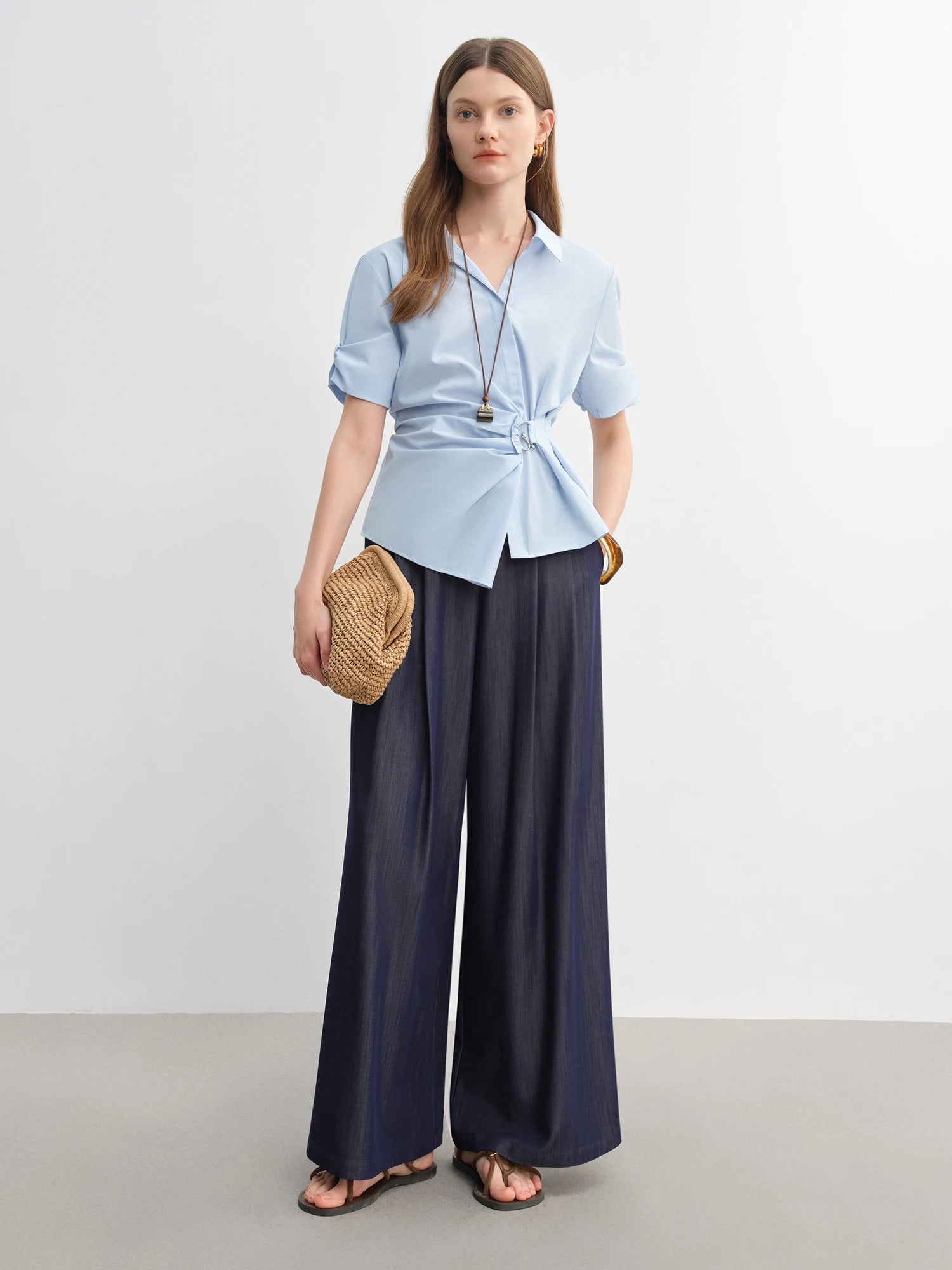 DUSHU 2025 Summer Women's Curve-Sculpting Wrap-Styled Blouse - Adjustable Metallic Ring & Breathable Linen for Office Chic