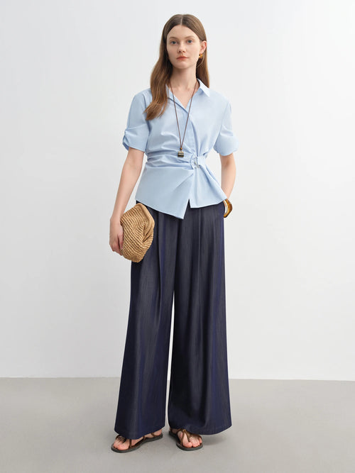 DUSHU 2025 Summer Women's Curve-Sculpting Wrap-Styled Blouse - Adjustable Metallic Ring & Breathable Linen for Office Chic