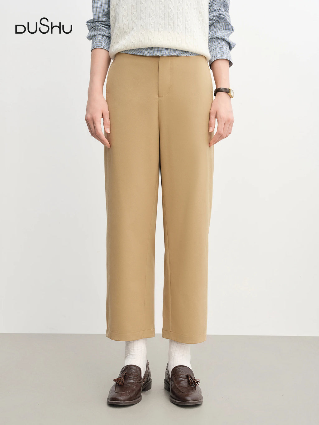 DUSHU 2025 Women's High Waist Flared Hem Pants - Summer Casual Elastic Waistband Ankle-Length Trousers Daily Wear