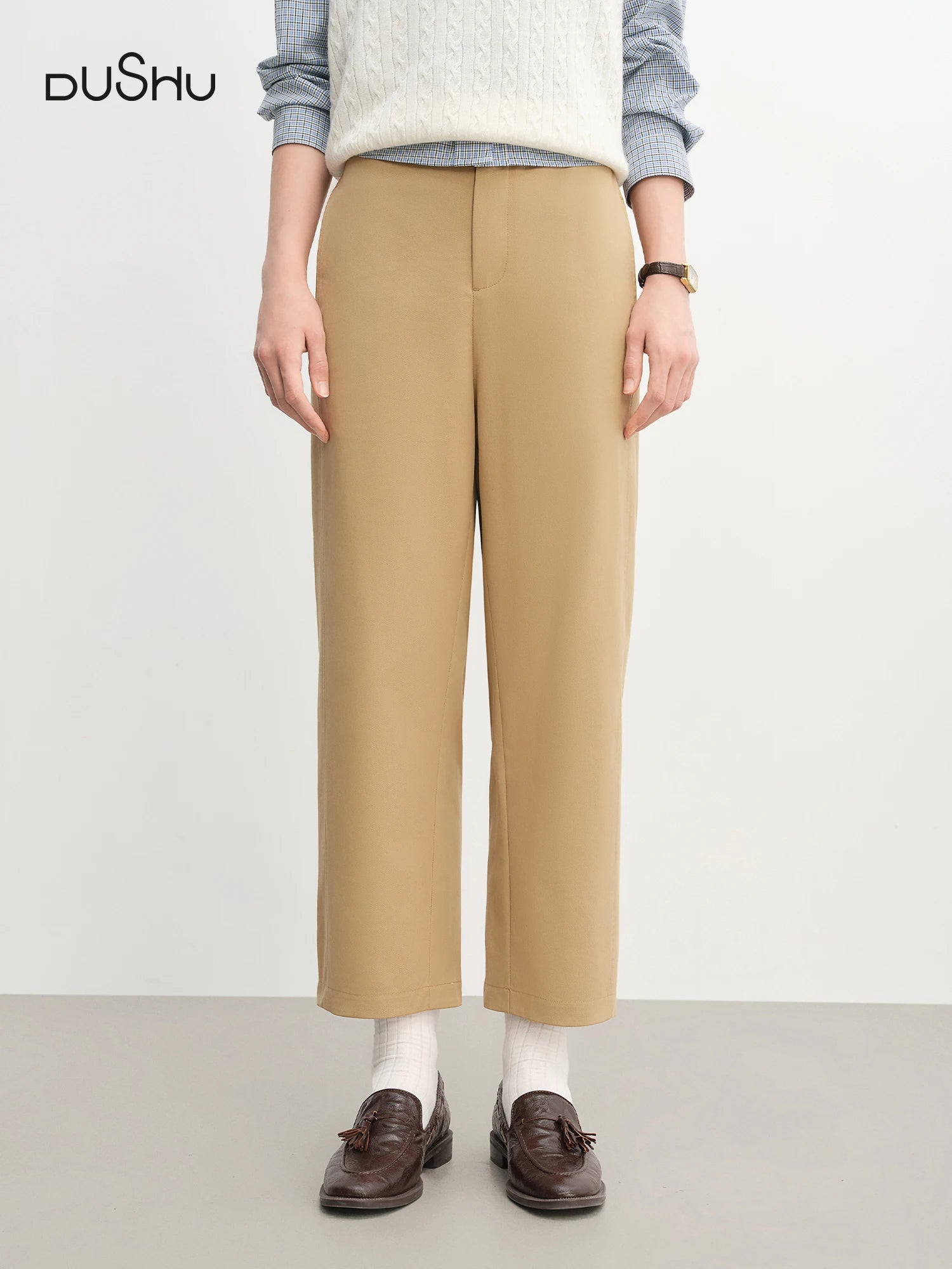 DUSHU 2025 Women's High Waist Flared Hem Pants - Summer Casual Elastic Waistband Ankle-Length Trousers Daily Wear