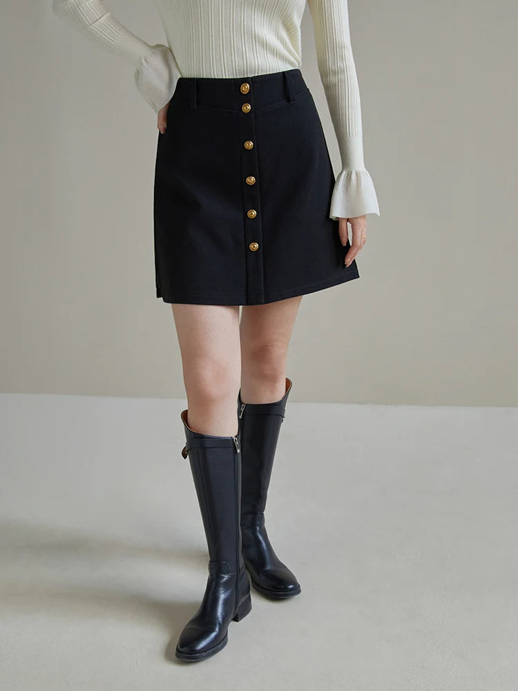 DUSHU Simple Style Elegant 53% Wool A-line Skirt for Women New Winter High-waist Slimming Temperament Mini-skirts Female