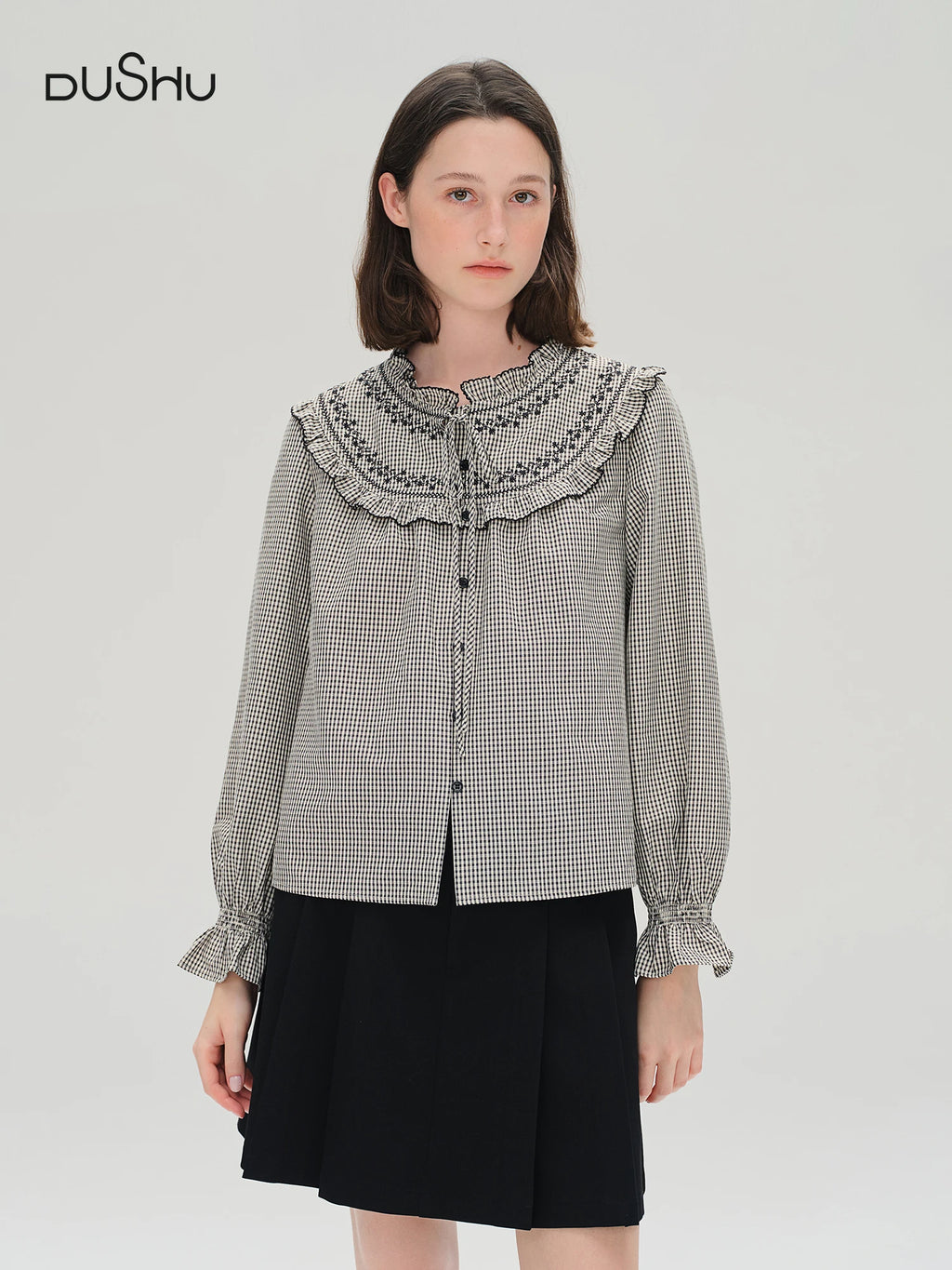 DUSHU Ruffled Plaid Shirt Women Age-reducing Early Autumn Women's Clothing 2025 New French Style Sweet Top