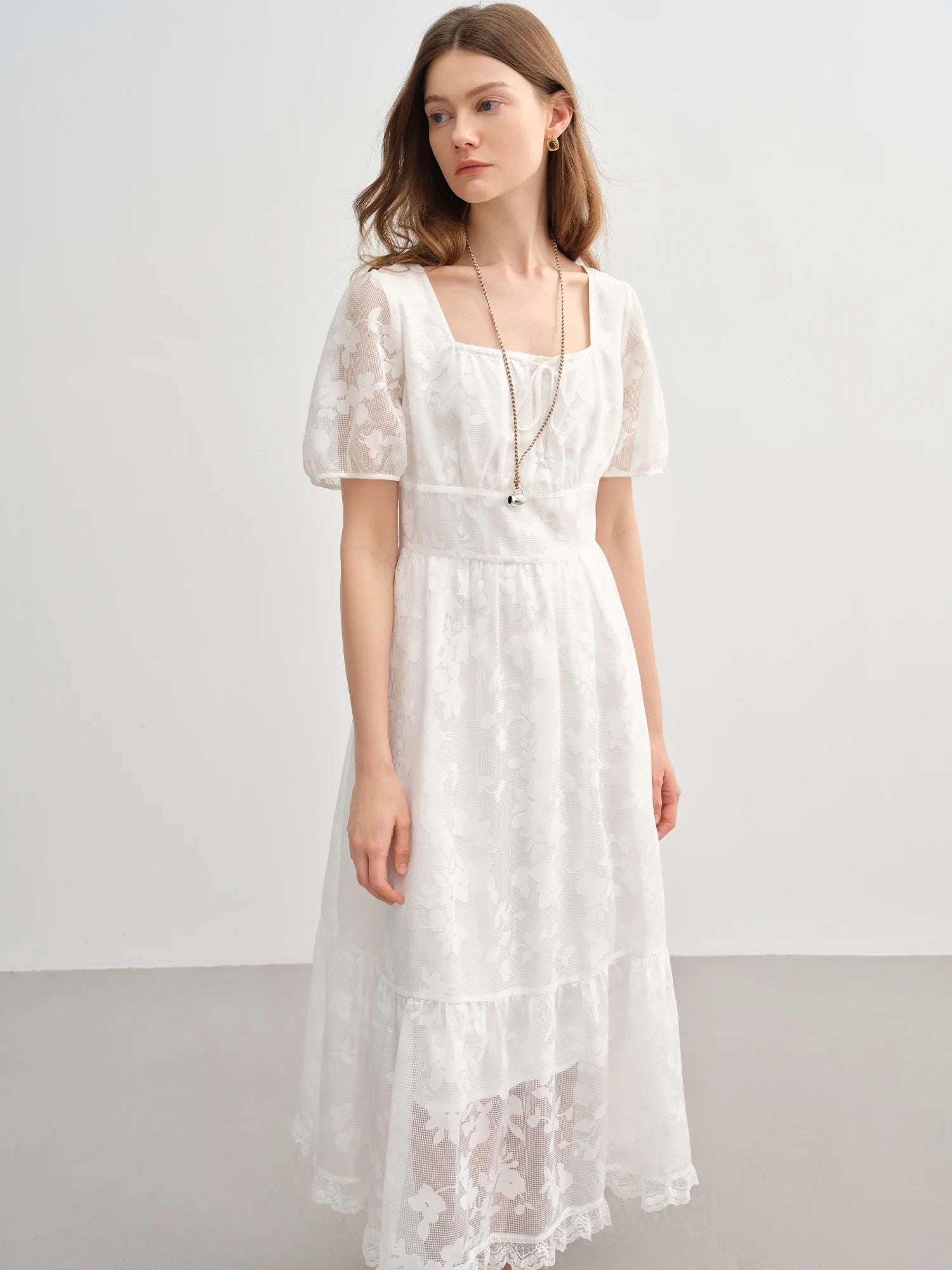DUSHU Plus-Size Women's French Tie Square neckline Burnout Dress - 2025 Summer New Arrival Elegant Sweet White Dress 25DS82286