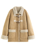 DUSHU 2025 Winter Women's Faux Shearling Coat with Horn Buttons - Plush Mid-Length Outerwear for Casual and Daily Warm Wear