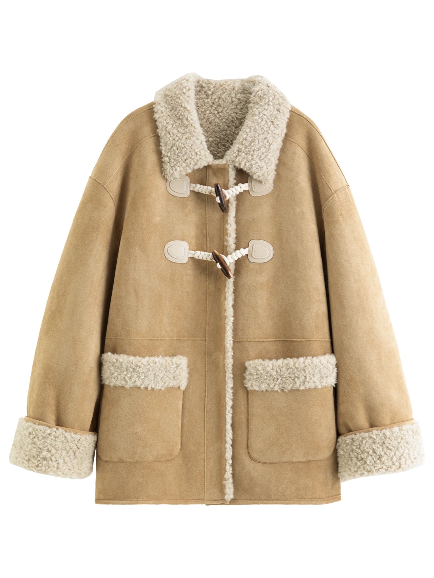 DUSHU 2025 Winter Women's Faux Shearling Coat with Horn Buttons - Plush Mid-Length Outerwear for Casual and Daily Warm Wear