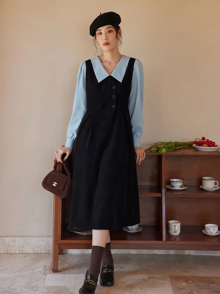 DUSHU Color Contrast Fake Two Pieces Vintage Dress For Women Autumn Winter 2022 Deep Red Black Women Solid Casual Dress