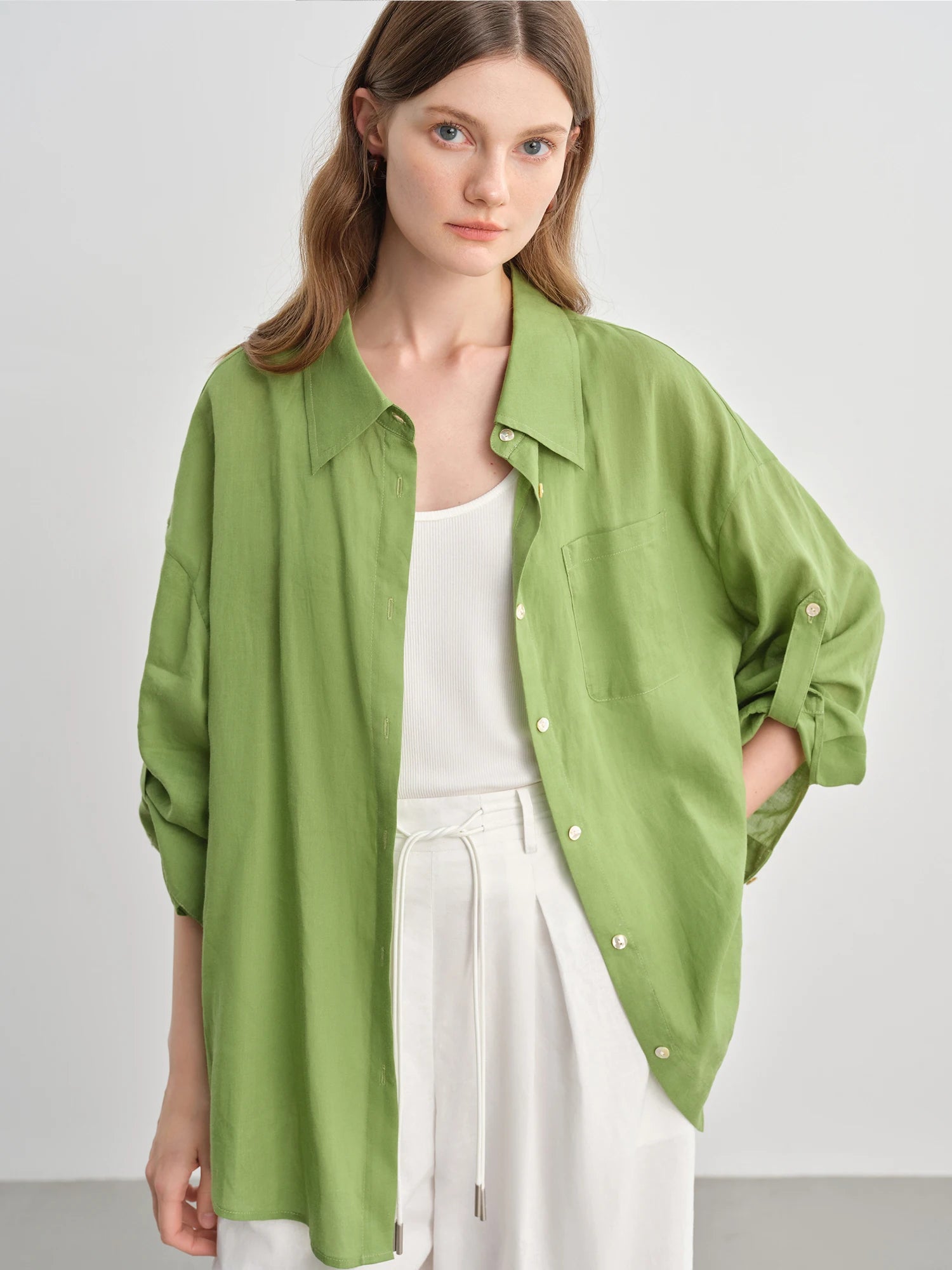 DUSHU  Plus-Size Women's Lyocell Casual Shirt - 2025 Summer New Multi-Color Tencel Linen Blend Commute Top 25DS82718