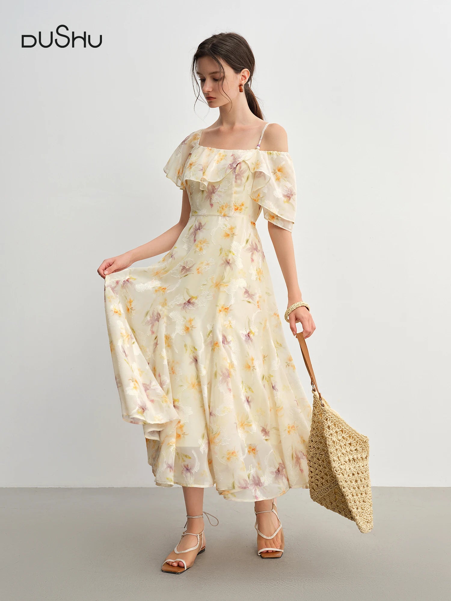 DUSHU Summer 2025 Printed Dress - Fluid Ruffle Hem Botanical Midi Maxi Resort to Office