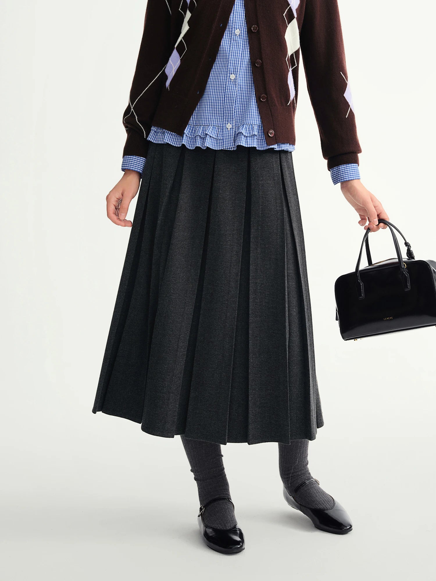 DUSHU Long Pleated Skirt Women Gray Solid Simple Basics 2025 Autumn and Winter High Waist A-line Mini Skirt Korean Style