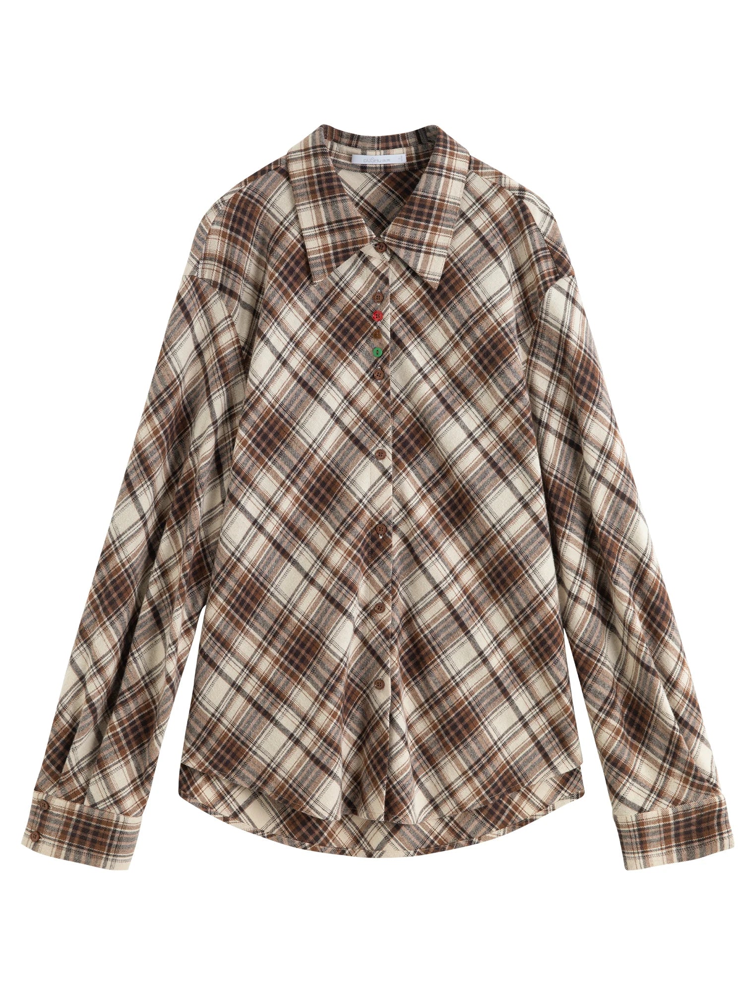 DUSHU Plus Size Women's Bias Cut Plaid Shirt 2025 New Arrival Bohemian Style Long Sleeve Blouse with Relaxed Fit Casual Tops