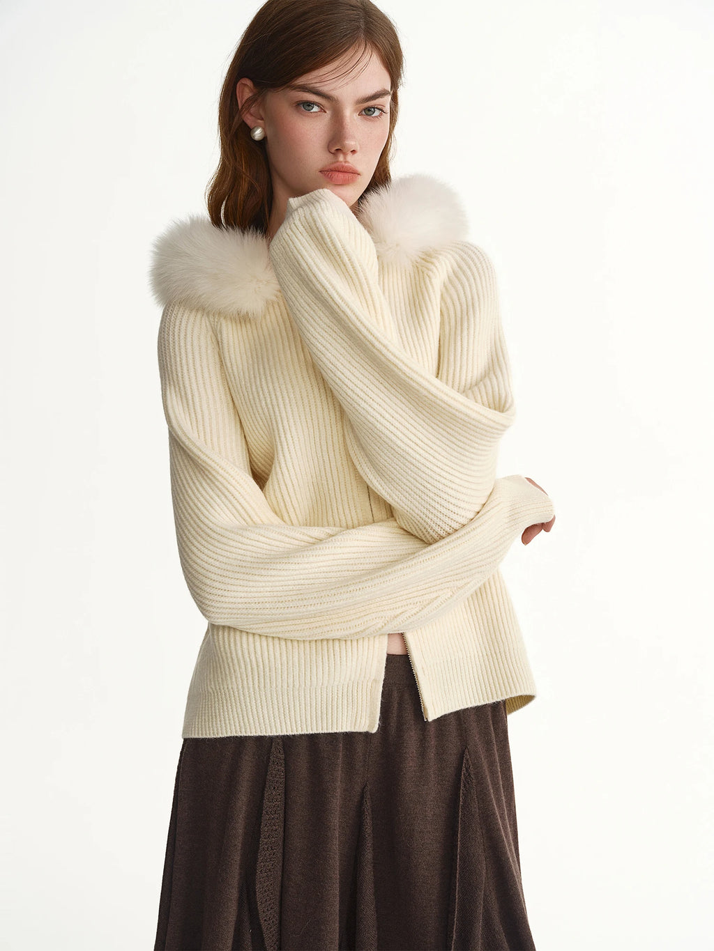 DUSHU 2025 Winter Women's Detachable Faux Fur Hooded Knit Cardigan - Long Sleeve Open Front Cozy Sweater for Casual Outerwear