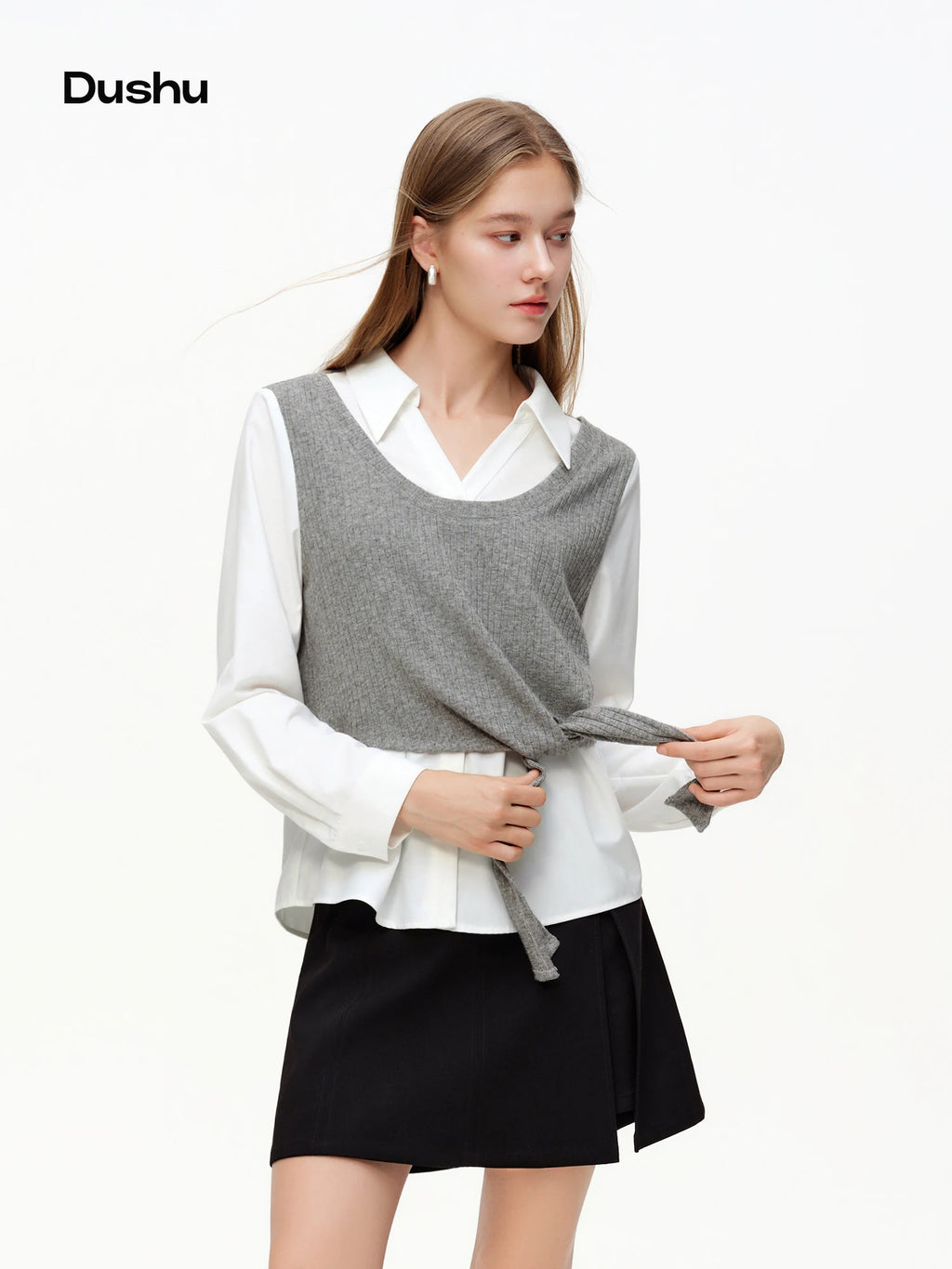 DUSHU Women's Fake Two-Piece Shirt Set 2026 Spring Slim Fit Office Gray Knit Vest Top White Blouses Casual Clean Fit
