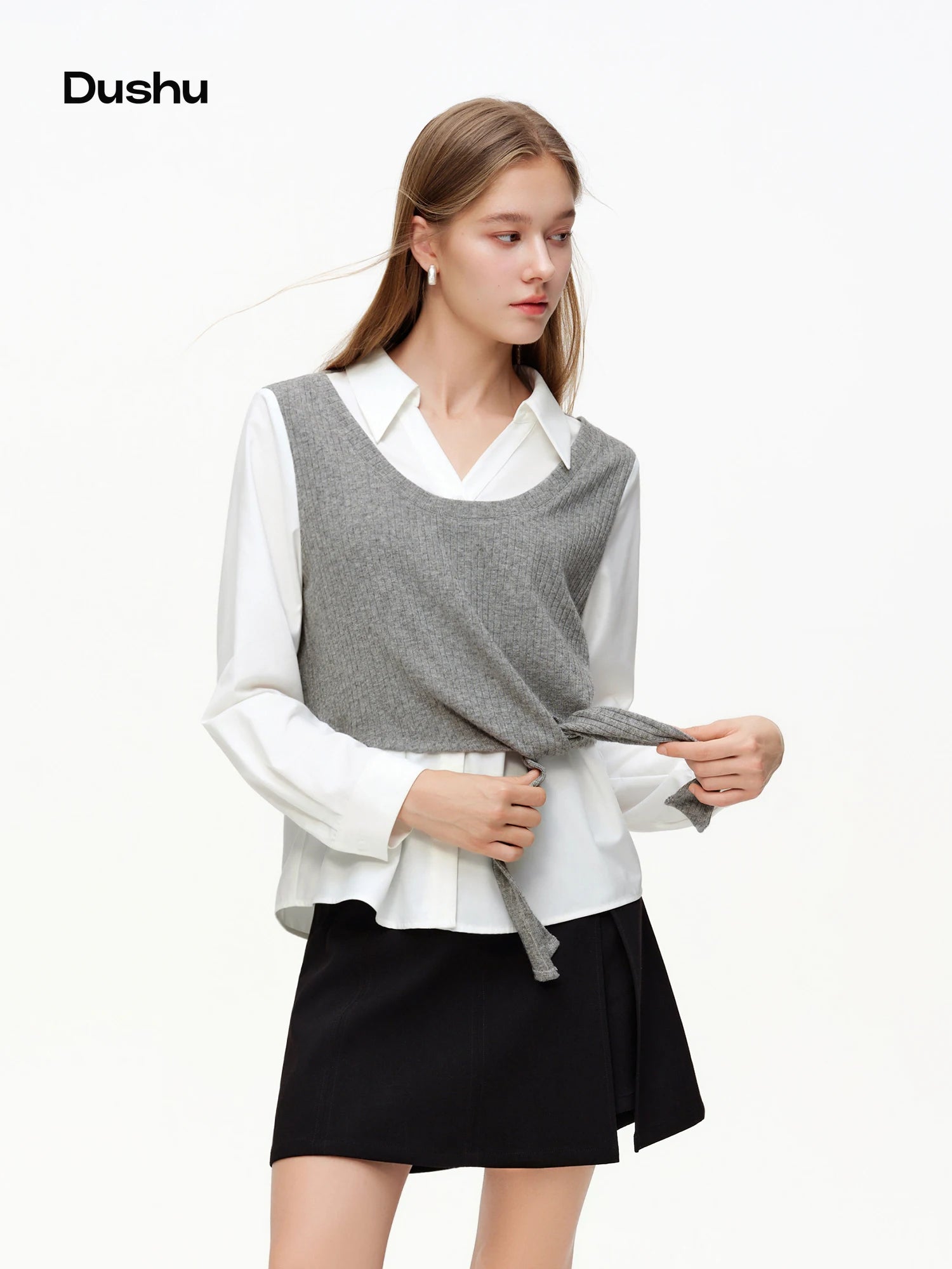 DUSHU Women's Fake Two-Piece Shirt Set 2026 Spring Slim Fit Office Gray Knit Vest Top White Blouses Casual Clean Fit
