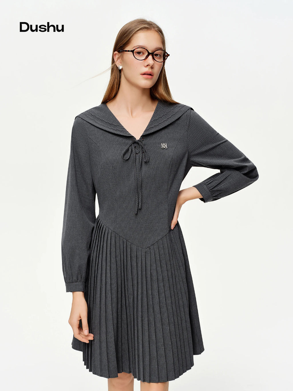 DUSHU 2026 Spring Women's Nautical Academic Style A-Line Midi Dress with Pleated Skirt - Preppy Bow Tie Detail for Campus Casual