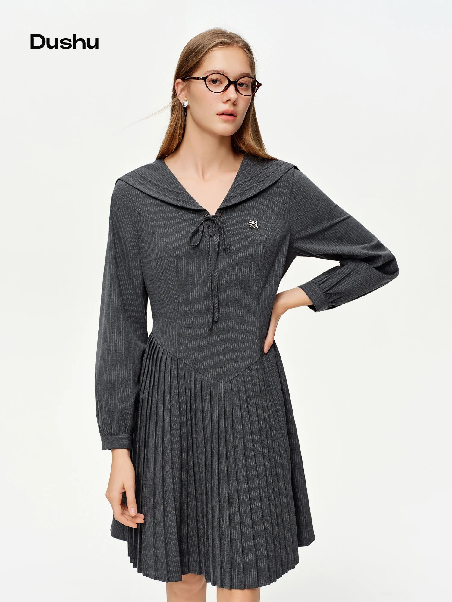 DUSHU 2026 Spring Women's Nautical Academic Style A-Line Midi Dress with Pleated Skirt - Preppy Bow Tie Detail for Campus Casual