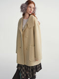 DUSHU Oatmeal Stand Collar Double-breasted Patch Pocket Woolen Coat 2025 Winter Woolen Coat Simple Sweet Temperament Korean