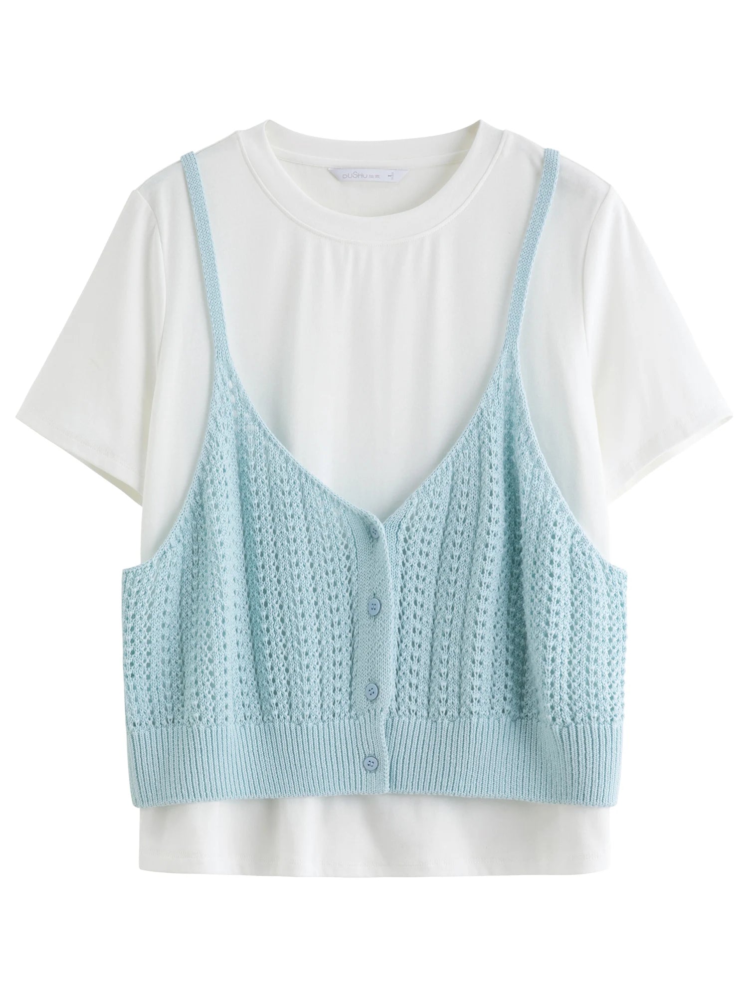 DUSHU Women's Simple Woven T-shirt Suspenders Suit 2025 Summer New Fashion Slim Two-piece Suit 25DS82766
