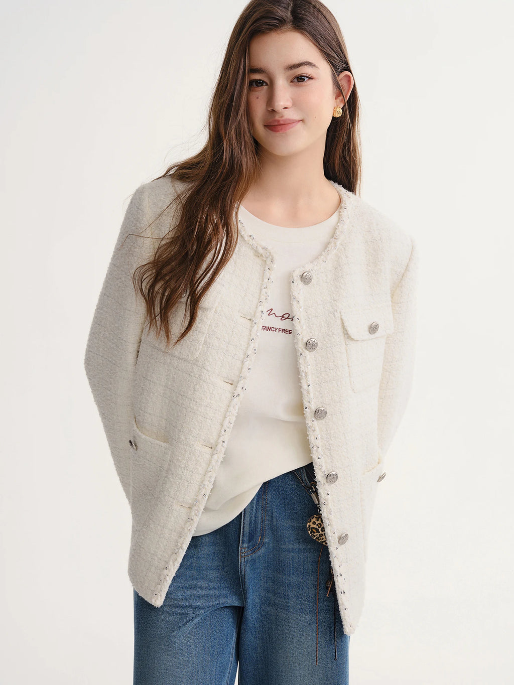 DUSHU Autumn Winter 2025 Women's Embellished Tweed Jacket - Heavy Craft Lace Trim & Braided Detail Casual Elegance Outerwear