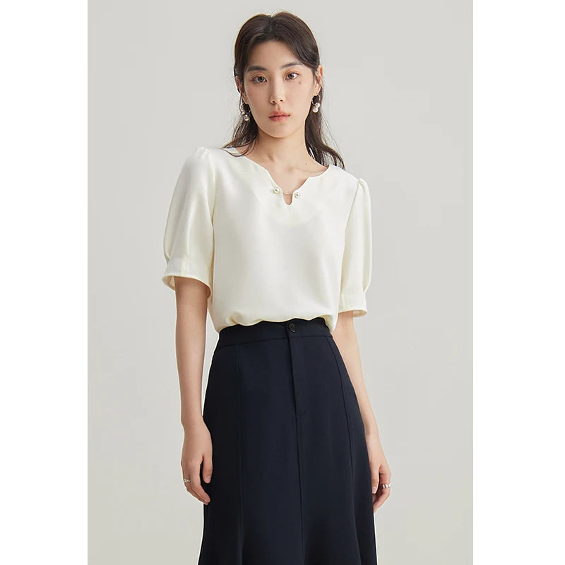 DUSHU Designed V-neck Chiffon Shirt for Women Summer New Style Elegant Sense Loose Slimming Top Shirts Female 24DS82083