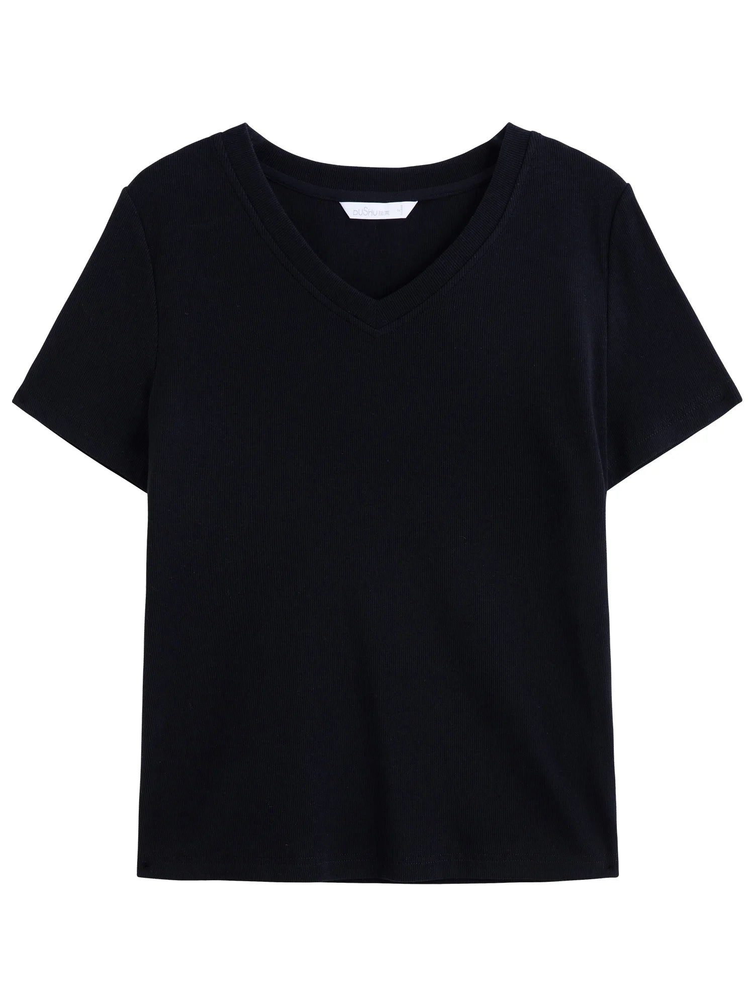 DUSHU Women High-Stretch Structured Shoulder V/U Neck Tee 2025 Summer Casual T-Shirt Elastic Cotton Y2K Fashion New Arrival