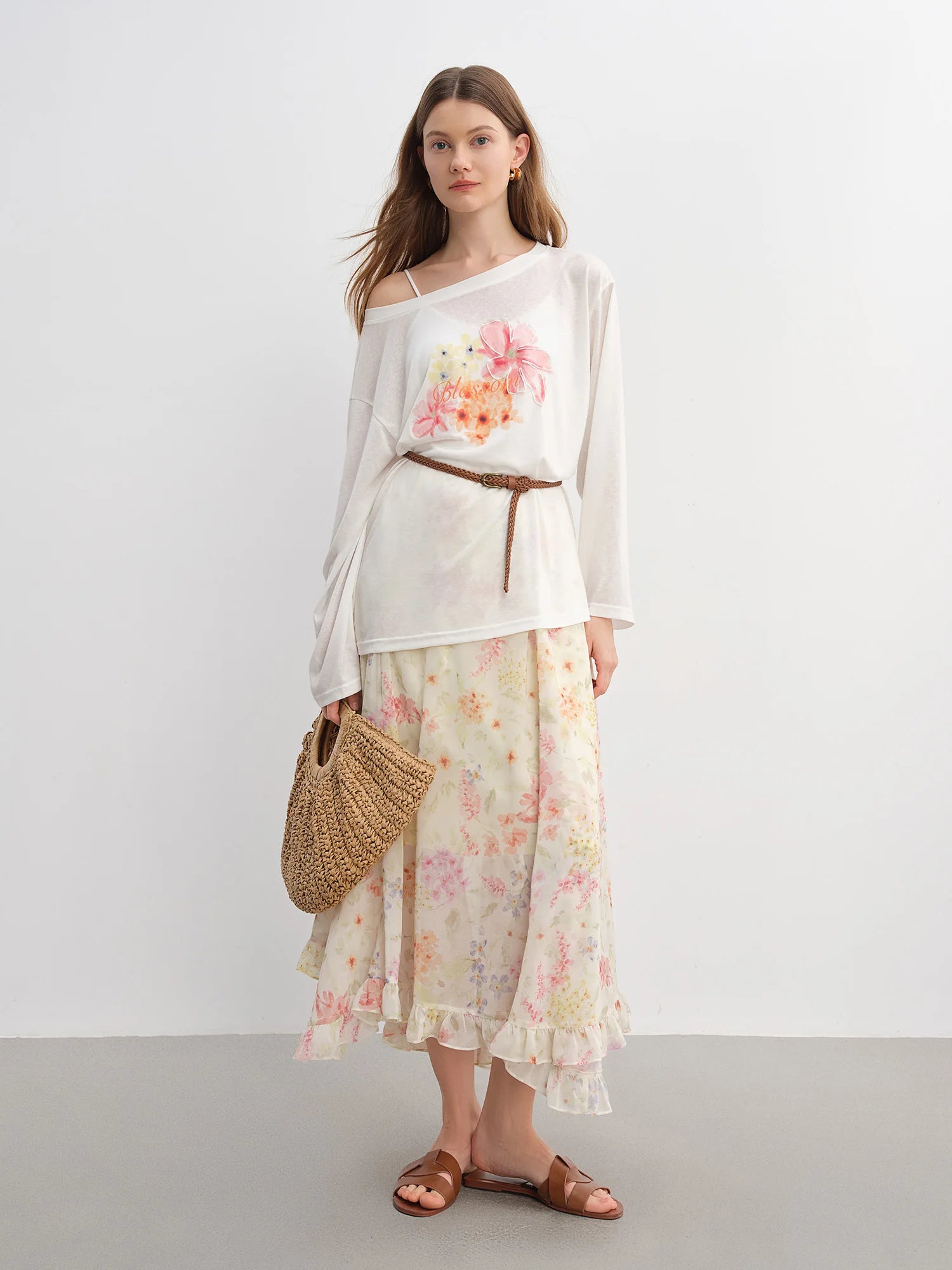 DUSHU Plus-Size Women's Ruffled Lace Floral A-Line Skirt 2025 Summer New Stylish Office Casual Skirts 25DS82885