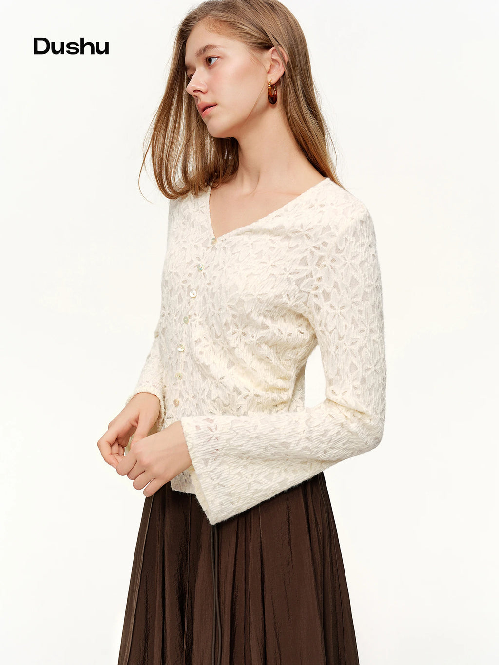 DUSHU 2026 Spring New Arrival Women's Textured Waist Top, Lace Trim Belted Blouse for Coquette Elegant Soft Office Chic Style